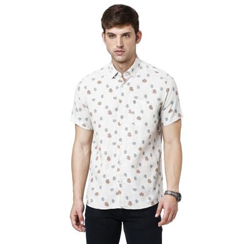 Linen Club Men's Pure Linen Natural / Brown Printed Regular Fit Half Sleeve Casual Shirt