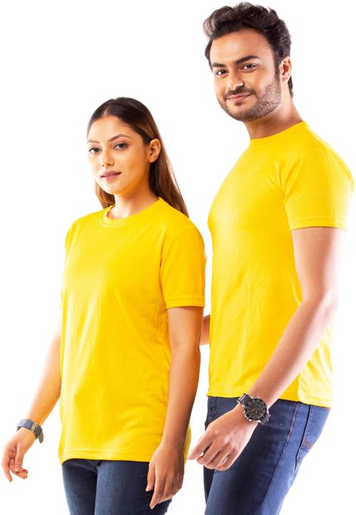 Lappen Fashion Men And Women Yellow Solid Polyester Pack Of 2 Couple T-Shirt (M)