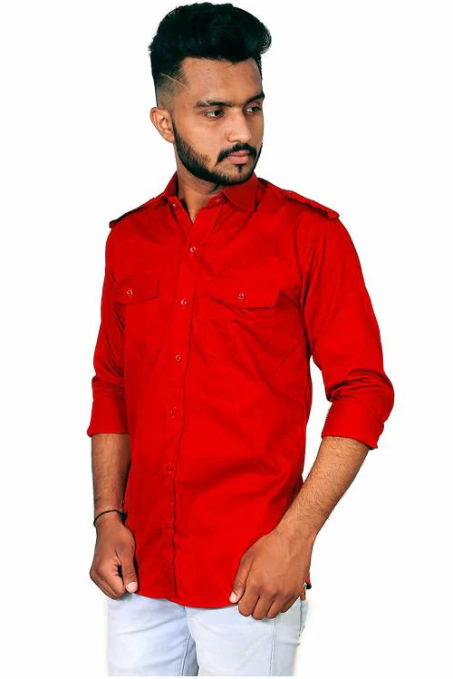 REBANTA Mens Casual Shirt Double Pocket (Red, Pure Cotton,5XL)