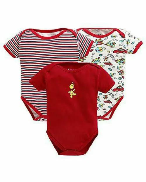 MM IMPEX Baby Boys and Girls Red Graphic Print, Striped Cotton Blend Pack of 3 Romper 0-3 MONTHS| Rompers |Sleepsuits | Jumpsuit |Body suits
