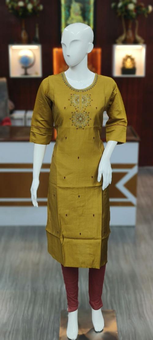 DOBREVA Women Straight A-line Embroidery Work Cotton Lemon Yellow Kurti for Casual Party or Festival Wear and Girls. SIZE_XXL
