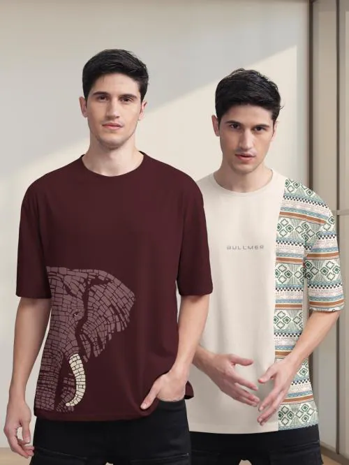 BULLMER Maroon , Beige Front and Back Printed / Colourblock Baggy / Oversized Tshirt for Men - Pack of 2