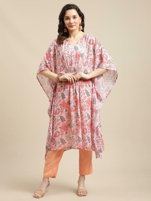 KSUT(House of Varanga) Peach Floral Printed Kaftan Trouser Set.