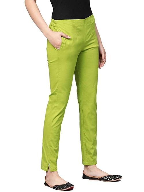 SriSaras Women Parrot Green Solid Cotton Trousers - M