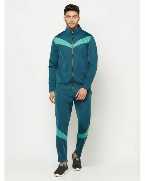 Glito Solid Teal With Neon Aqua Stripe Stretchable Regular Fit Sports Wear Track Suit For Men