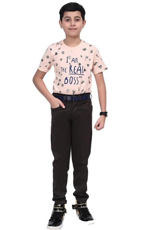 JUMPTIGER Kids Boys Stylish Fashionable 2 Way Lycra Fabric Stretchable Trouser Pant - Coffee