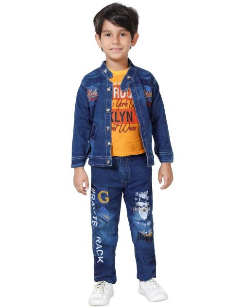 Dkgf Fashion Boys Yellow Printed Cotton Blend T-shirt Jeans