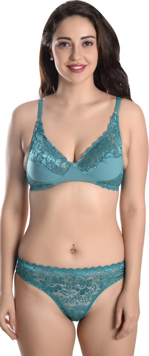 FIMS - Fashion is my style Women Green Floral Cotton Blend Single Bra & Panty Set