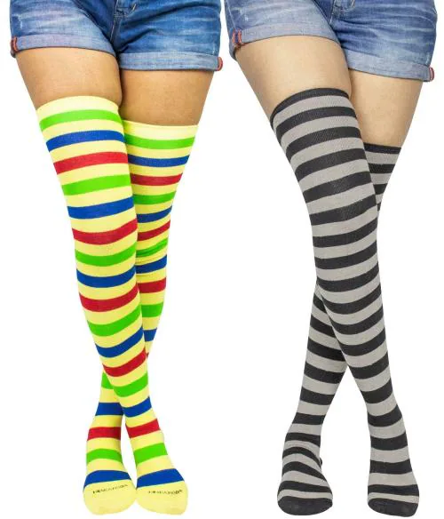 Neska Moda Women's 2 Pair Striped Cotton Thigh-High Stockings (Yellow, Grey)