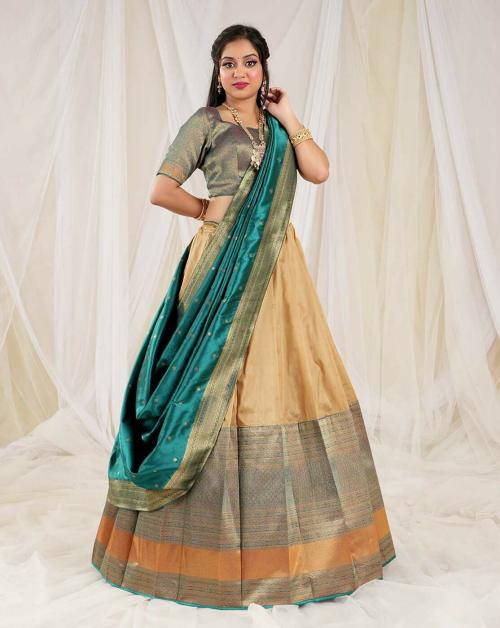 HALFSAREE STUDIO Rama Banarasi Silk Zari Work Pattu Half Saree