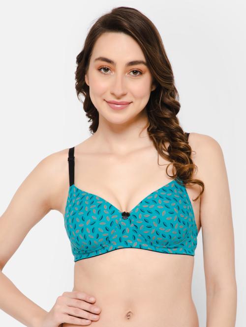Clovia Turquoise Blue Floral Print Cotton T-Shirt Bra