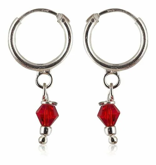 ELOISH Small Red Crystal Sterling Silver Hoop Earrings for Kids and Girls.