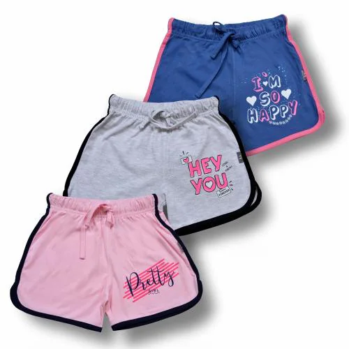 KARIBY Girls' Fancy Cotton Hot Pants/Short Pants Printed Design with Pockets | Pack of 3 | 7 TO 8 YR