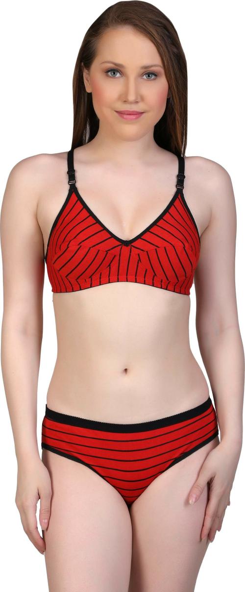 Yana Women Red Striped Cotton Blend Set Of 3 Bra And Panty (36)