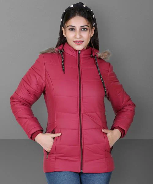 Brazo Latest winter wear maroon jacket for women with pocket zipper and classy hood