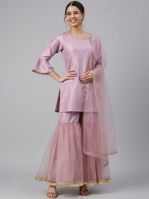 Janasya Women's Mauve Poly Silk Solid Kurta with Gharara and Dupatta