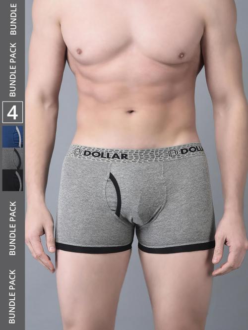 Dollar Bigboss Men's Assorted Pack of 4 Solid Combed Cotton Trunk With Contoured Pouch Support