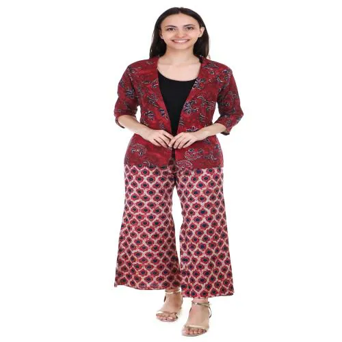 Be Dressed Women's Coat Style Cotton CO-ORD Set | Colour- Red | Trendy Wear