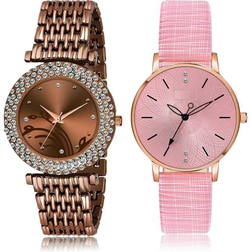 NEUTRON Modern Quartz Chain Bracelet Diamond And Girls Watch Brown And Pink Colour Analog Metal And Genuine Leather Belt 2 Watch Combo For Women And Girls - G573-GM314