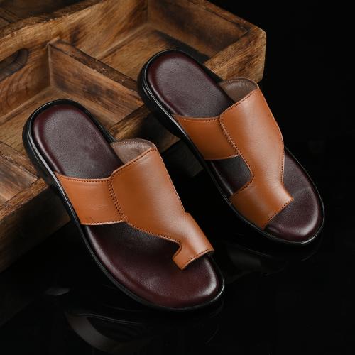 G Walk 100% Genuine Leather Slip on Slippers For Men (Tan)