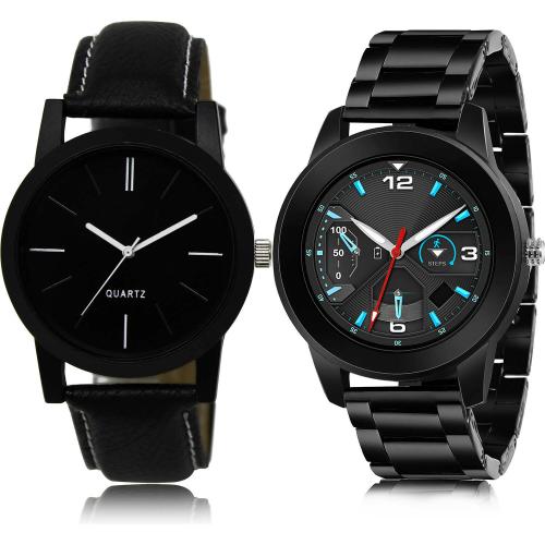 TIMENTER Best Designer Love Dad And Black Chain Black Colour Analog Genuine Leather And Stainless Steel Belt 2 Watch Combo For Boys And Men - BL46.5-(41-S-20)