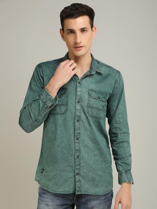 The Hell Driver Solid Denim Men Casual Shirt green Color Shirt For men