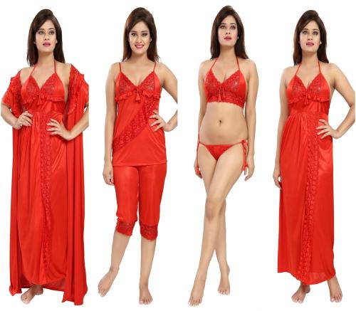 Romaisa Women's Red Satin Solid Nightwear Set Pack of 6 (Free Size)