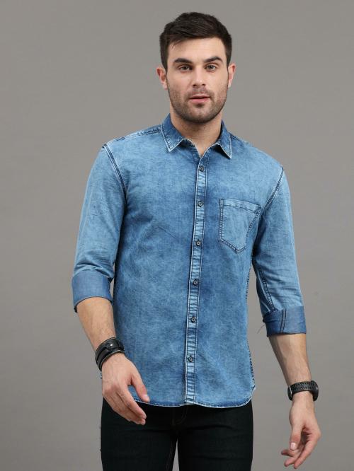 TORTUGA Men Blue Solid Denim Casual Shirts (XL)
