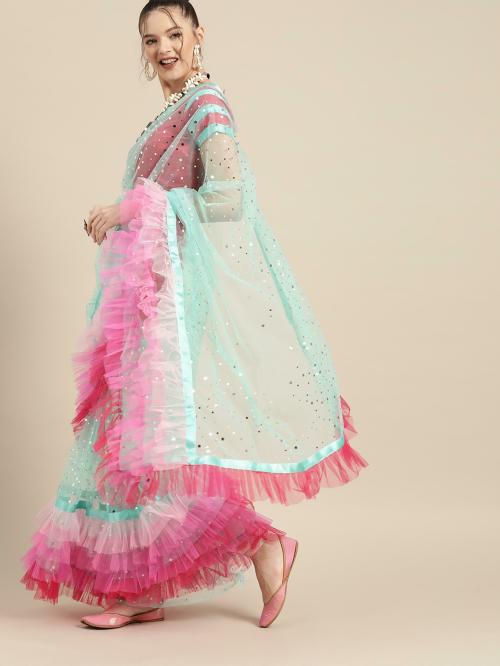 Tikhi Imli Blue Net Saree With Foil & Multicolor Frill