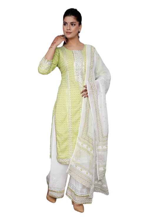 Clickedia Womens Fully Stitched Rayon Printed Straight Kurti with Gotta Patti , Lace and Rayon Dupatta with Palazzo Jaipuri Salwar Suit