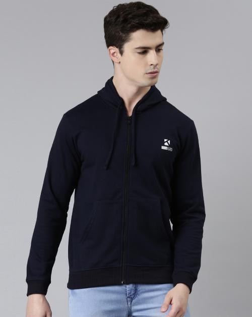 TOM BURG Men Navy Solid Zipped Hooded Sweatshirt XXL