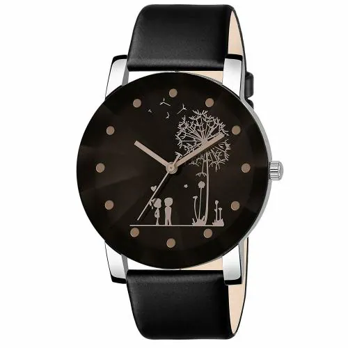 Talgo Analogue Black Dial Leather strap Crystal Glass Tree Couple Wrist Watch for Men & Boys-CTCLM