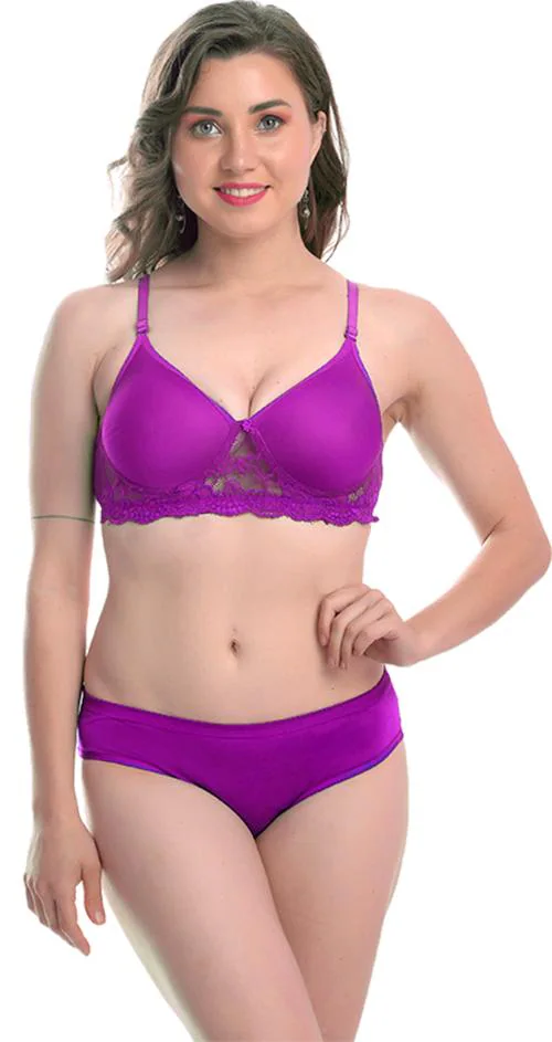 FIMS - Fashion is my style Women Purple Floral Cotton Blend Single Bra & Panty Set