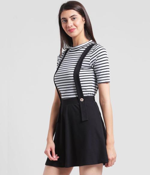 Rigo Women Black Solid Cotton Suspender Skater Skirt