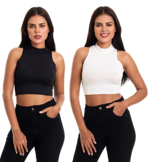 Aura Glam Women's 4-Way Lycra Stretchable Sleeveless High Neck Princess Seam Cami Top|Combo Pack of 2|Black&White|