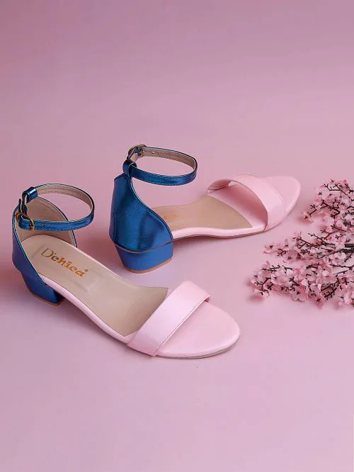 Dchica Pink & Metallic Blue Color Blocked Heel Sandal With Ankle Strap For Kids