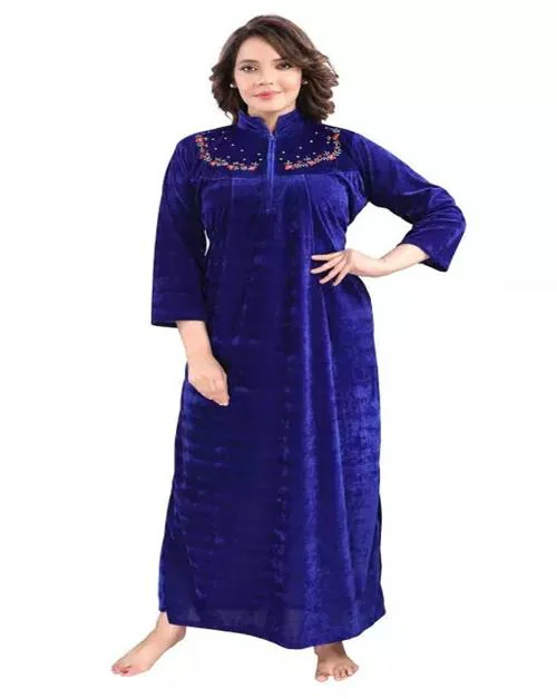 Women's Velvet Nighty Full Length For Winter Wear Nightdress Long Velvet Nighty (Navy Blue)