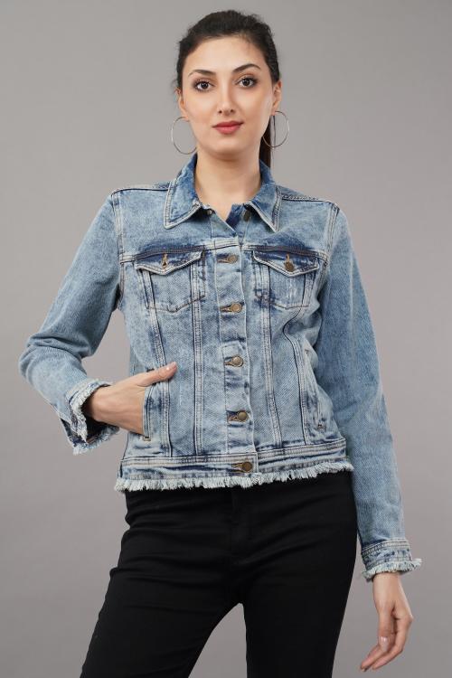 MEGHZ WOMEN LIGHT BLUE DENIM BIKER JACKET