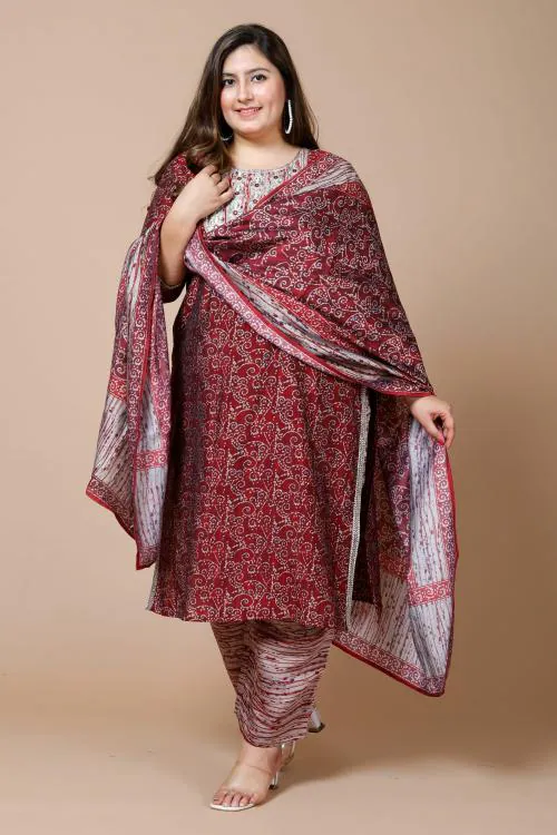 MADAM PLUS Women's Muslin Suit Set (3 Piece) | Kurta Set with Pant and Dupatta | Ethnic Wear Suit Set for Plus Size Women