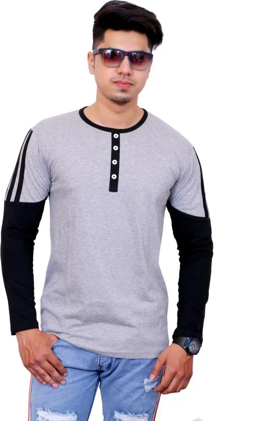 FARICON grey black, full sleeve, henly modal t shirt Men Colorblock Henley Neck Cotton Blend Black, Grey T-Shirt