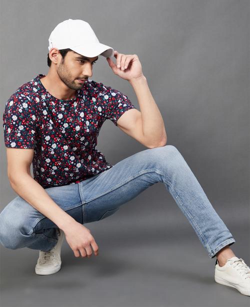 Rigo Men Navy Floral Print Round Neck Half Sleeve Cotton T-Shirt