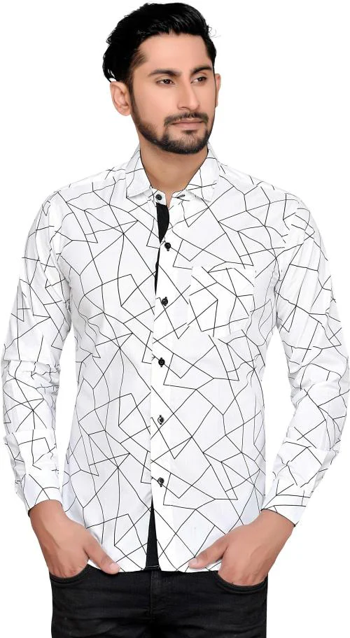 PP SHIRTS Men White Printed Polycotton Spread Casual Shirt (L)
