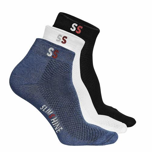 SLIMSHINE Men's Cotton & Terry Cushion Special Design Ankle Length Formal | Casual Socks (Blue, Black, White) (Free Size) (Pack of 3)