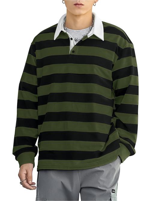 Jump Cuts Mens Striped Polo Neck Full Sleeve Olive and Black Cotton Blend Boxy Fit T-Shirt