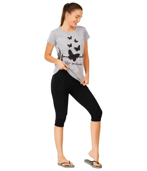 Jocker Women Grey Cotton, Inner Elastic Night Dress Shorts And Top Set (M)