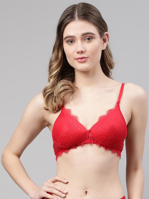 PrettyCat Red Embroidered Polycotton T-shirt Bra For Women (PC-BR-6054)