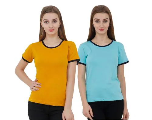 Reifica Women Mustard Yellow, Ocean Blue Cotton Pack Of 2 T-Shirts (Xl)