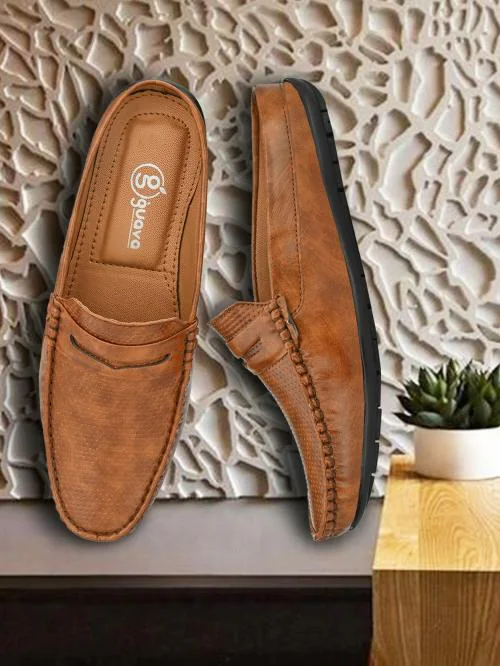 Buy Guava Men's Open Back Tan Synthetic Leather Mule Loafers Online at