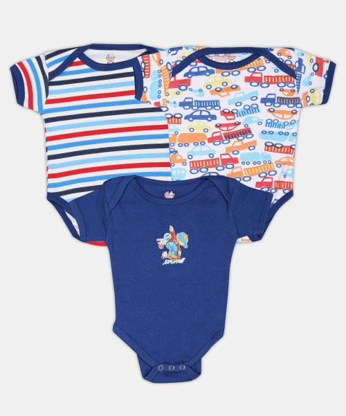 Tiniberry Baby Boys and Girls Royal Blue Striped Cotton Blend (pack of 3) Rompers, 6 9 Months