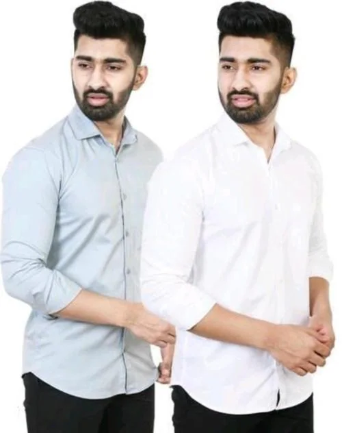 BOUGHT FIRST Solid Regular Fit Combo of 2 Shirt for Men's, Stylish Full Sleeves Pure Cotton Shirt for Men's, Casual Formal Shirt for Men's -(Grey+White, M)